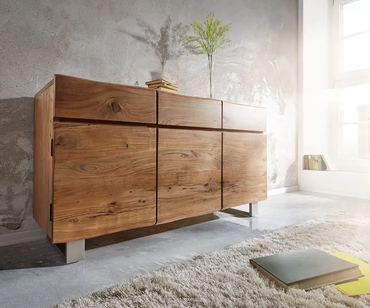 DELIFE Commode Live-Edge 147 cm acacia naturel 3 portes 3 tiroirs, Buffets, Baumkantenmöbel, Massivholzmöbel, Massivholz