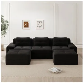HAUSS SPOLE Loungesofa mit Tiefem Sitz,Dreisitzer aus Cord,Relaxsofa mit zwei Hocker,Schwarz schwarz