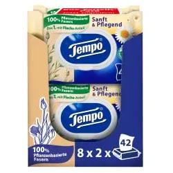 Tempo sanft & pflegend feuchte Toilettentücher Großpackung 836198 , 1 Großpackung = 8 Doppel-Packungen à 2 x 42 Tücher