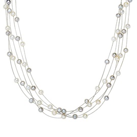 Valero Pearls Damen-Kette Hochwertige Süßwasser-Zuchtperlen in ca. 6 mm Oval weiß/grau 925 Sterling Silber 43 cm - Perlenkette mit echten Perlen mehrreihig 400320
