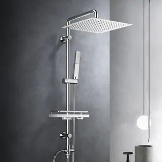 Görbach Regendusche Duschset Duschsystem mit Ablage, Chrom Duschstangeset Duschsäuleset aus Edelstahl ohne Duscharmatur (Kopfbrause 30x30cm)