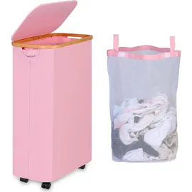 luxuskollektion Wäschekorb Deckel Innentasche Rollen Faltbar 75L mit Rädern Rosa