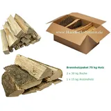 Brennholzpaket 60 kg Buche/Esche 33 cm + 1 Karton Anzündholz ca. 15 kg Feuerholz