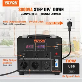 Vevor 3000W Spannungswandler Transformator AC 110V⇋220V Transformer Wandler 3 US NEMA 5-15R 3-polige Ausgangssteckdosen, 3 europäische Shucko-Ausgangssteckdosen, 1 USB-Buchse und 1 Typ-C-Buchse