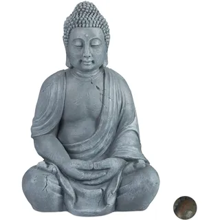 Relaxdays Buddha Figur 70 cm, Gartenfigur, Dekofigur Wohnzimmer, wetterfest - frostsicher, hellgrau