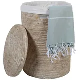 Casa Moro Wäschekorb Rattan Wäschebehälter Cleo Weiß rund mit Deckel & Innenfutter (Designer Weide Korb, Aufbewahrungskorb rustikal geflochten, Rattan Korb rund), Boho Chic Wäschesammler mit Griff beige|weiß 35 cm x 50 cm