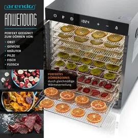Arendo Dörrautomat Edelstahl, Temperaturregler 30° bis 90°C, Dörrgerät, Dehydrator, 800 W, 10 Etagen, Obst, Fisch, Fleisch, Timer 0,5-24 Stunden - Silber