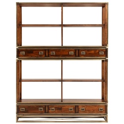 Casa Padrino Luxus Vintage Stil Regalschrank Braun / Messing 152 x 35 x H. 200,5 cm - Vintage Stil Bücherschrank mit 6 Schubladen - Luxus Wohnzimmer Massivholz Möbel im Vintage Stil