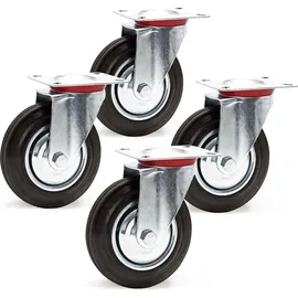 Wiltec Lenkrollen Set 4x Transportrolle mit Vollgummirad Ø160mm bis 130kg pro Rad mit Metallfelge und Anbauplatte, leiser Lauf, Transportrollen Möbelrollen Laufrollen