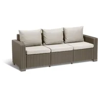 Keter California Gartensofa, ausgestattet mit DREI Sitzen und Kissen auf Sitzfläche und Rückenlehne, 198 x 68 x 71,5 cm, hergestellt mit charakteristischer geflochtener Oberfläche, Farbe Cappuccino