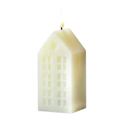 LED Kerze Haus Echtwachskerze in Hausform Lichthaus H: 15cm Timer weiß