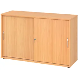 bümö Schiebetürenschrank 2OH - Aktenschrank abschließbar, Sideboard Schrank mit Schiebetüren in Buche, Bogengriff - Büroschrank aus Holz mit