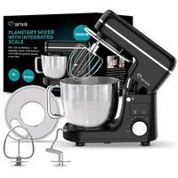 Küchenmaschine ariva mit integrierter Waage & LED-Display, Knetmaschine 1500W, 5L Edelstahl-Schüssel, 8 Stufen, Metallgetriebe, Schwarz - Schwarz