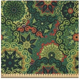 ABAKUHAUS Mandala Stoff als Meterware, Einheimische Kultur, Microfaser Stoff für Dekoratives Basteln, 1M (230x100cm), Hellgrün Dunkelgrün Zinnoberrot
