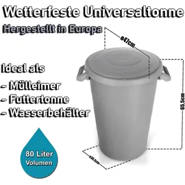 BigDean wetterfeste Universaltonne mit Deckel und 2 stabilen Tragegriffen 80 Liter GRAU- Regentonne Mülleimer Indoor und Outdoor geeignet - EU - Grau