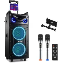 Moukey Karaoke Maschine Große Karaoke Anlage mit 2X 26cm Woofer & 8cm Tweeter & 2 Mikrofonen, Wiederaufladbarer Bluetooth Lautsprecher mit Lichteffekt Tablettenhalter TWS/Rec/AUX/USB/TF/FM für Party
