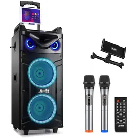 Moukey Karaoke Maschine Große Karaoke Anlage mit 2X 26cm Woofer & 8cm Tweeter & 2 Mikrofonen, Wiederaufladbarer Bluetooth Lautsprecher mit Lichteffekt Tablettenhalter TWS/Rec/AUX/USB/TF/FM für Party