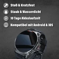 ZEUSTM Smartwatch – Robuste Edelstahl‐Fitnessuhr, 10+ Tage Akku, IP68 mit Black Steel Armband - Schwarz