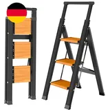 KULACO Trittleiter 3 Stufen Klappbar Mit Handlauf, Aluminium Klappleiter Rutschf