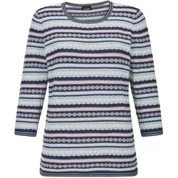 Rundhalspullover GOLDNER "Kurzgröße Strickpullover im Ringel-Look", Damen, Gr. 19, blau (marine, gemustert), Obermaterial: 50% Baumwolle CO. 50% Polyacryl PAN., gerade, Pullover Rundhalspullover, aufwendigig gestrickter vielfarbiger Strick
