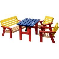 Dobar Bunte Kindersitzgruppe aus Holz 4-tlg Kindertisch 70 x 48 x 49 cm inkl. Kinderstühle und Kinderbank