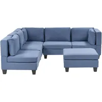 5-Sitzer Modul Ecksofa mit Ottomane Stoff blau rechts dicke Kissen Unstad