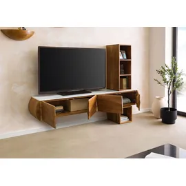 MASSIVMOEBEL24.DE Wohnwand Akazie 204x40x145 natur lackiert / Marmor weiß MONTREAL #141