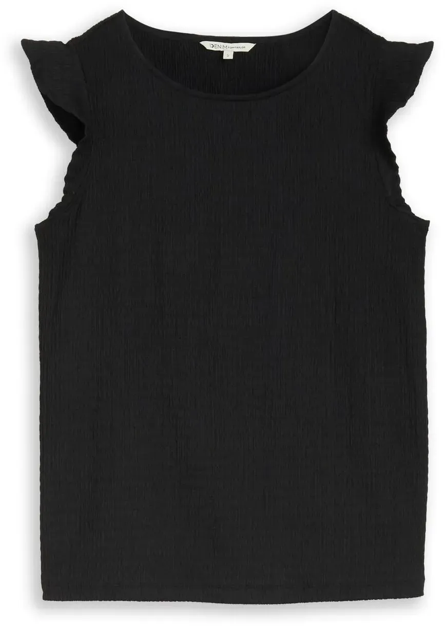 TOM TAILOR DENIM Damen Loose Fit Crinkle Top mit Volants, schwarz, Uni, Gr. M