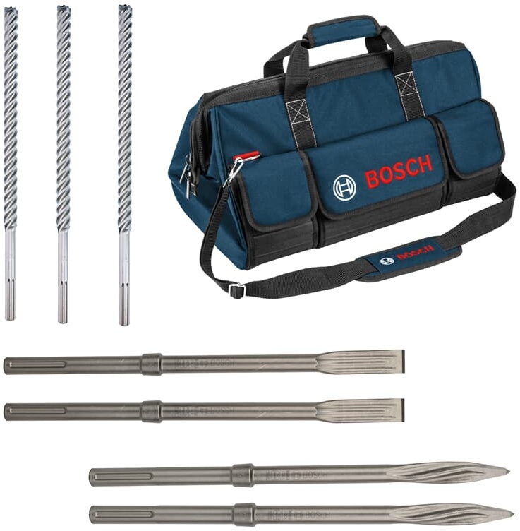 Bosch SDS-MAX Hammerbohrer Meißel Set 8tlg., 3 Hammerbohrer, 4 Meißel, Tasche