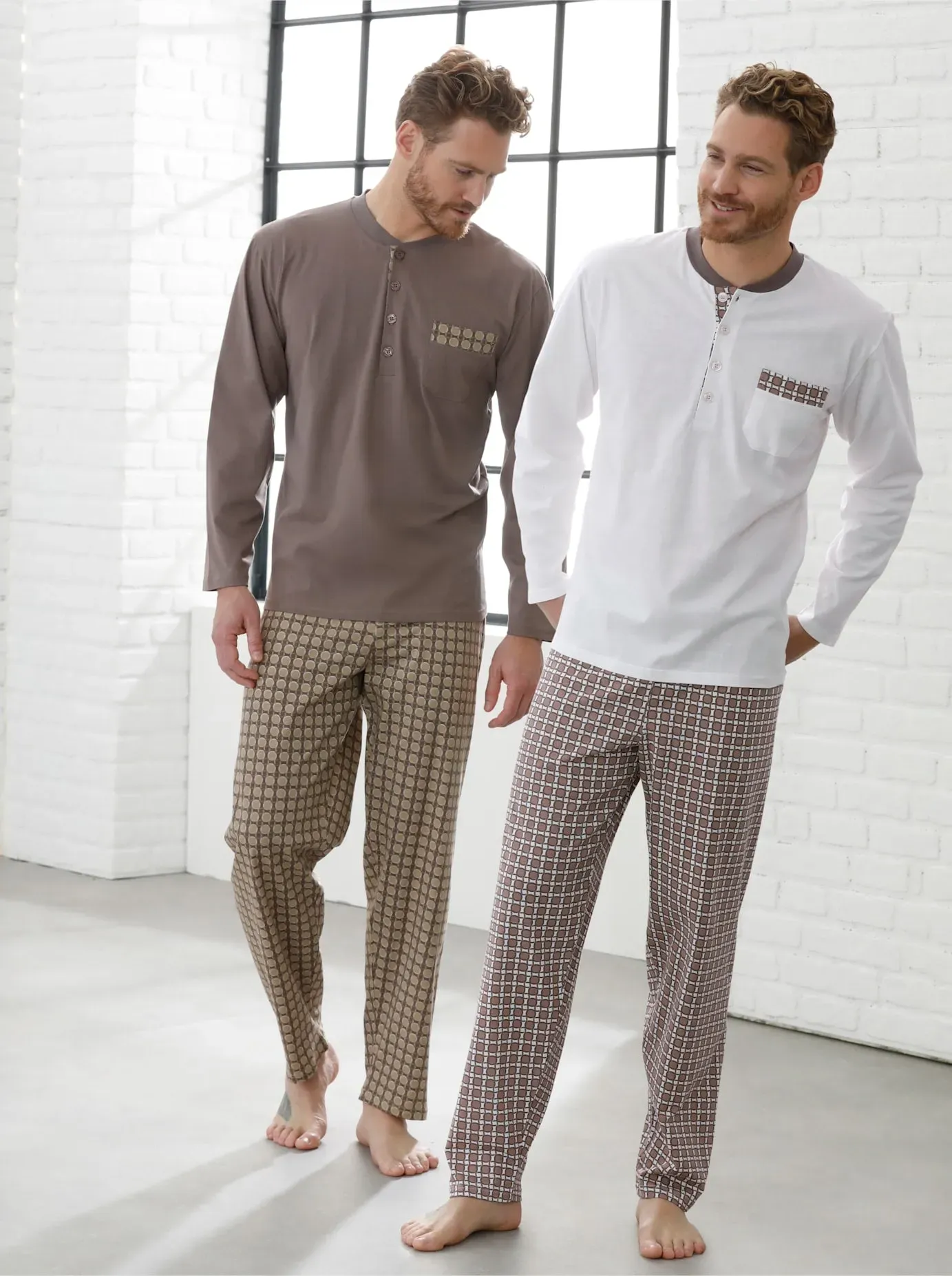 Schlafanzug WÄSCHEPUR, Herren, Gr. 48/50, grau (dunkeltaupe, ecru), 100% Baumwolle, Homewear-Sets Schlafanzug