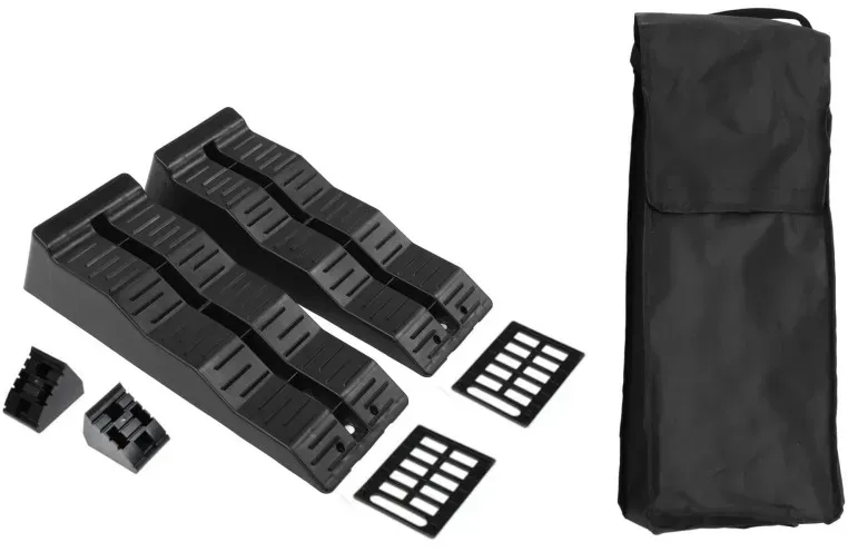 Set mit Auffahrrampen für Autos, 2,5 t, mit Stoppern und Aufbewahrungstasche, schwarz