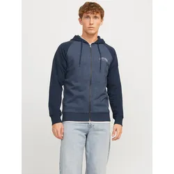 Kapuzensweatjacke JACK & JONES "JJRICKY SWEAT ZIP HOOD", Herren, Gr. M, blau (navy blazer), angeraute Sweatware, Obermaterial: 60% Baumwolle, 40% Polyester, bedruckt, meliert, modisch, normal, Langarm Rippbündchen, Sweatjacken
