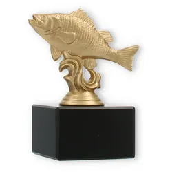 Pokal Kunststofffigur Flussbarsch goldmetallic auf schwarzem Marmorsockel 11,8cm