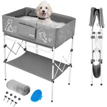 Vevor 100L Hundebadwanne, Erhöhte Haustierbadwanne mit Metallgestell, Haustierwanne mit Abfluss Lagerregal Seitentasche, Faltbare Wäschewanne zum Pflegen & Baden für Kleine Mittelgroße Haustier, Grau