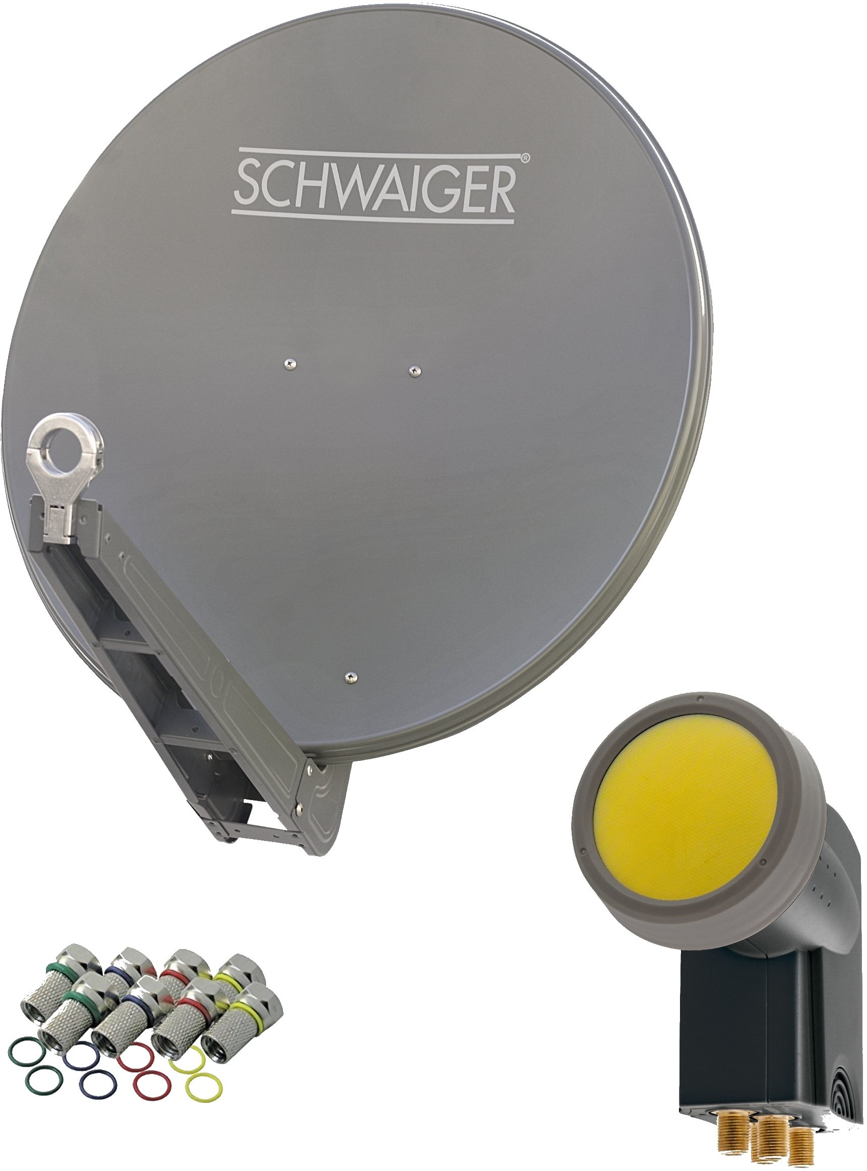 SCHWAIGER 4630 SAT-Anlage Satelliten-Set Satellitenschüssel Quad LNB digital 8X F-Stecker 7mm SAT-Antenne aus Aluminium Komplettset Anthrazit 75 x 80 cm