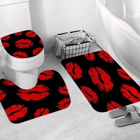 JIFOME Badteppich 3 Stück Weiche saugfähige Badematten,Rote Lippen Stilvolles Schwarz,rutschfeste Badematte Teppiche & Toilettendeckelabdeckung Set Waschbar