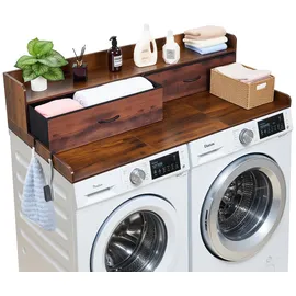 Vevor Arbeitsplatte für Waschmaschine & Trockner (137 x 69,9 cm) mit Ablage & 2 Schubladen & Haken, für Wäscheschrank Speisekammer Küchentheke, 113 kg Belastbar, Braun, Ablagefläche für Waschmittel