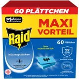 Raid Moskitostechplatten, 60 Geruchlose Plättchen für Gewöhnliche Mücken und Tigermücken, bis zu 12 Stunden Schutz, Kompatibel mit Raid Diffusoren