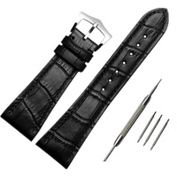 ODETOJOY Herren echtes Leder 25mm Uhrband schwarz Uhrenarmband Silber Edelstahl Schnalle Bars Link Pins mit Entferner Reparatur