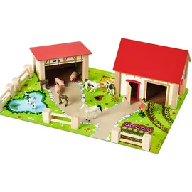 Eichhorn Bauernhof 100004309 - Bauernhof bestehend aus 2 Gebäuden, Spielplatte, Figuren, Tiere, Zäune, 20 teilig, Größe 36x51cm, Buchenholz, für Kinder ab 3 Jahren