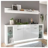 Lomadox Wohnzimmer Wohnwand Set Sideboard Wandboard Hochglanz weiß m. LED Beleuchtung