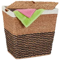 Relaxdays Wäschekorb mit Deckel, aus Seegras, Baumwoll-Wäschesack 87L, HxBxT: 50x50x40 cm, Wäschebehälter, Natur/beige