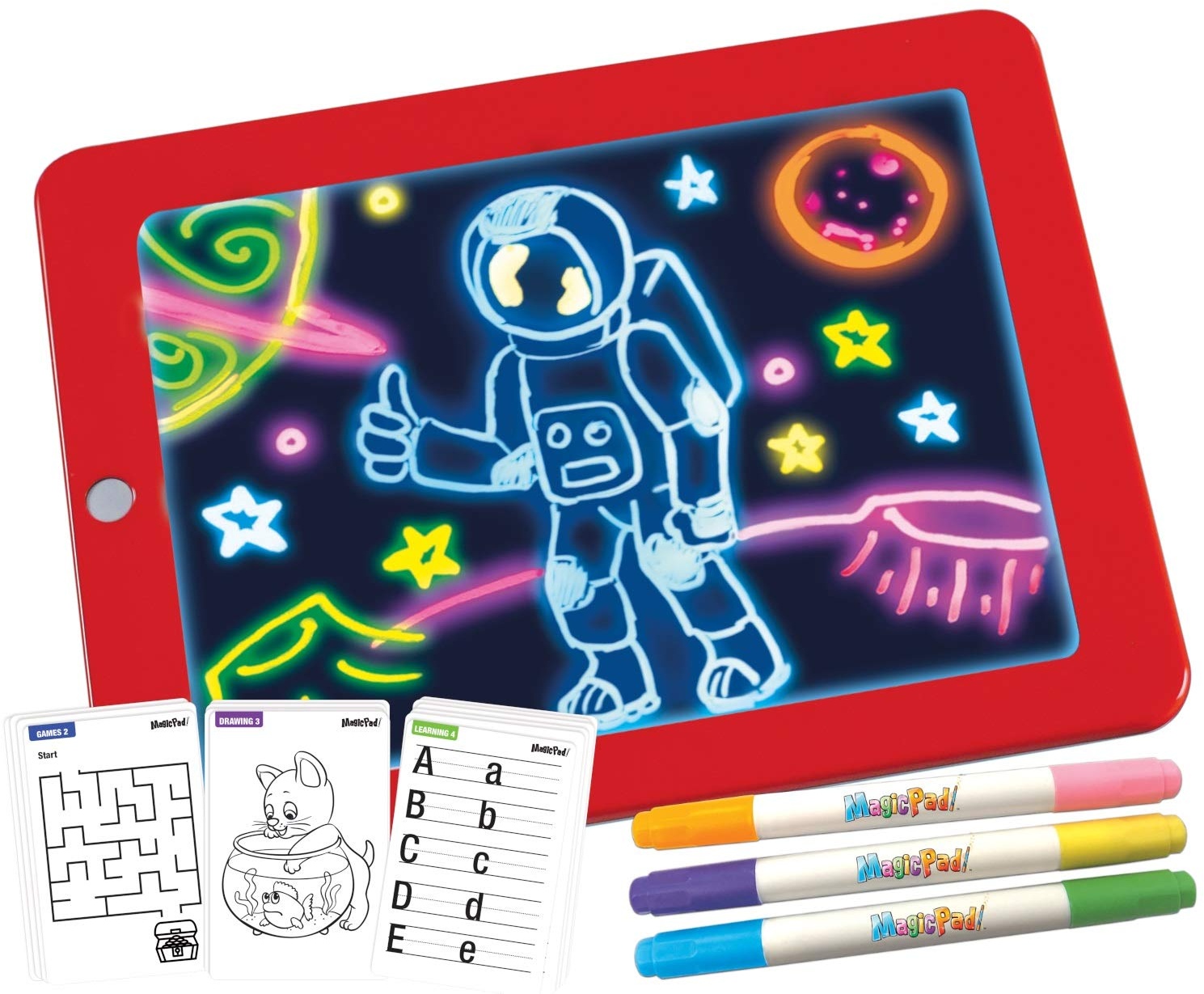 Mediashop Magic Pad – Zaubertafel mit 6 Neonfarben und 8 Leuchteffekten – Kreative Beschäftigung für Kinder, auch unterwegs – Maltafel mit 30 Schablonen, abwischbar