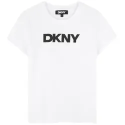 DKNY Unisex für Kinder. D62304 Weißes bedrucktes Kurzarm-T-Shirt (4Años= 102cm), Lässig, Bio-Baumwolle, Nachhaltig, Kinderbekleidung