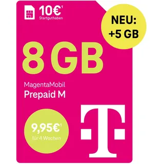 Telekom MagentaMobil Prepaid M mit 13 GB Highspeed-Volumen | 5G/LTE Max & Allnet Flat in alle dt. Netze | unverbrauchtes Datenvolumen weiter nutzen | EU Roaming & Hotspot Flat | 10 EUR Startguthaben
