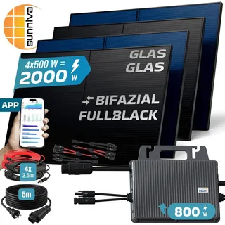 sunniva Balkonkraftwerk 500W bifazial 2000W inkl. TSUN 800W Wechselrichter + 4 x 500W Glas-Glas Solarmodule