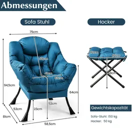 Costway Relaxsessel Polyester 150 x 93 x 80 cm Blau mit Hocker