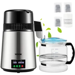 VEVOR Wasser Destillierer 1L / H Haushalt Silber Wasserdestilliergerät Destilliertes Wasser herstellen 750 W, Doppelter Bildschirm Edelstahl Distilleranlage mit Glaskanne Reinwasser destilieren