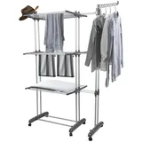 MUL-BOUTIQUE Wäscheständer, ausziehbare Länge, mobiler Wäschetrockner mit 3 Ebenen, faltbar, für drinnen und draußen, großes Fassungsvermögen, Größe 142,5 x 64 x 170 cm, mit Rollen (schwarz)