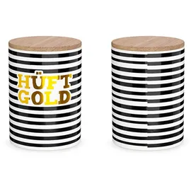 la-vida La Vida Vorratsdose Hüftgold Porzellan mit Bambusdeckel Streifen schwarz weiß gold 11x16cm - Schwarz/Weiß/Gold